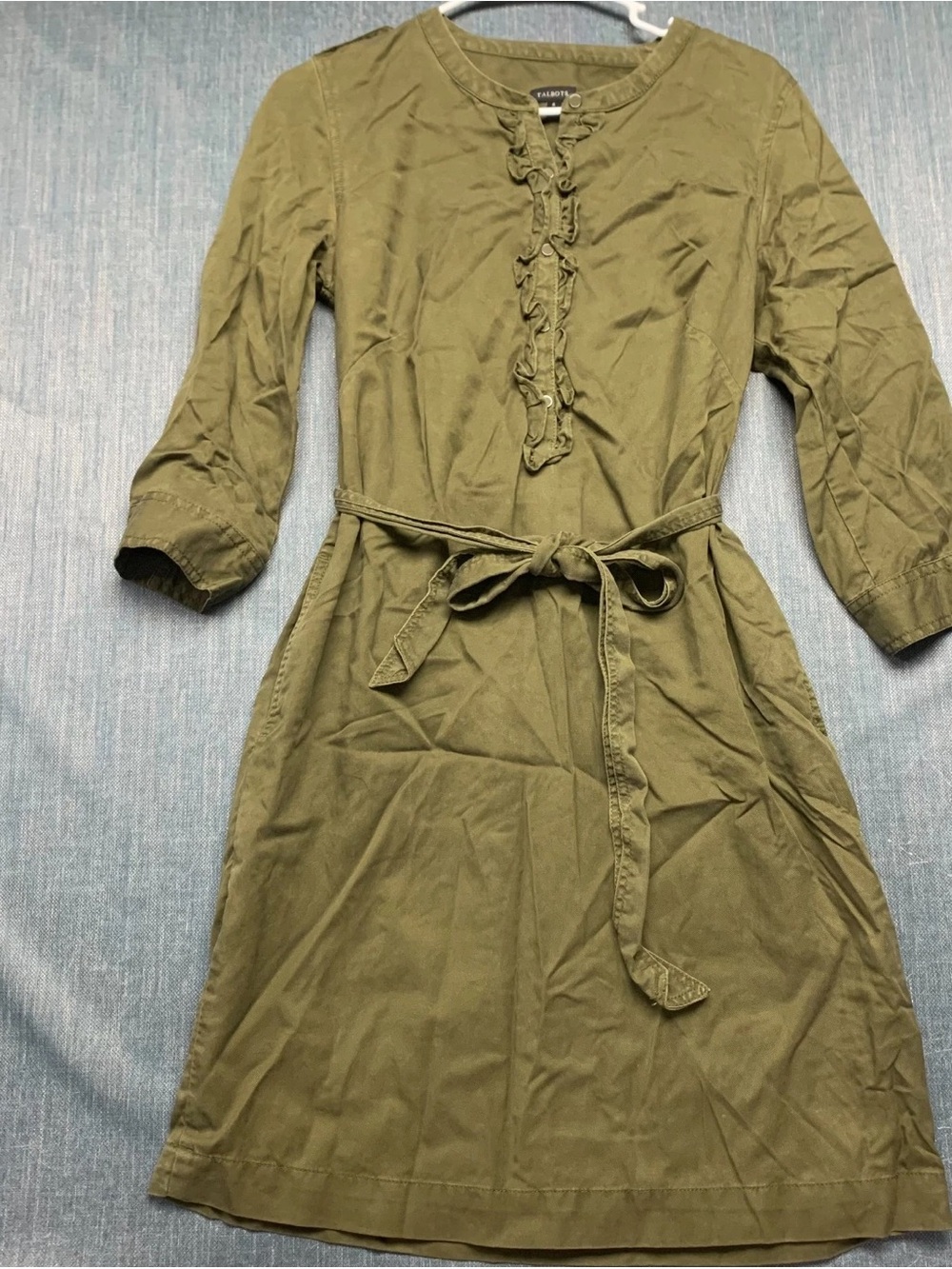 Talbots Olive Green Ruffle-Front Belted Midi Shirt Dress